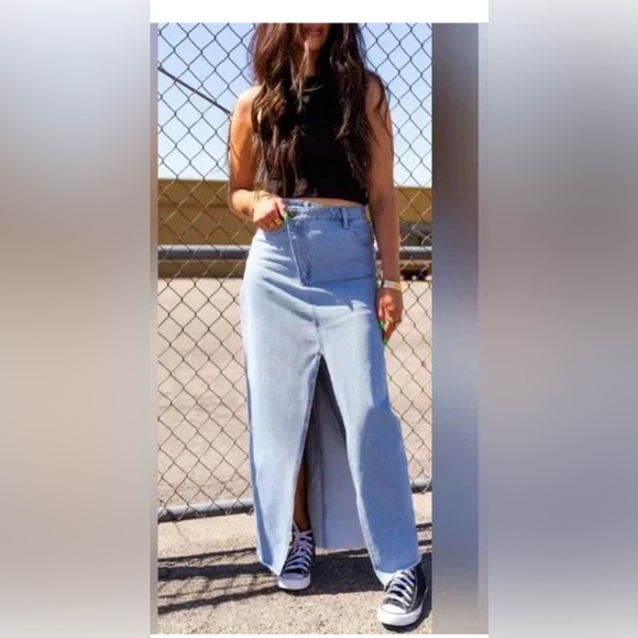 Dressed in LALA Dresses & Skirts - Dressed in Lala Maxi Light Blue Denim Slit Skirt Med Casual Fashion Slant NWT
